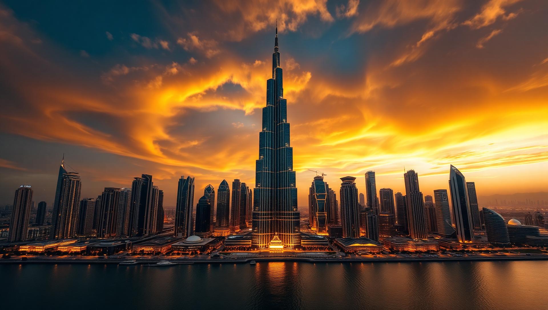 Dubai skyline at golden hour featuring the Burj Khalifa